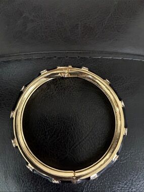 Gold and Black Hinged Bangle Bracelet with Clear Stones